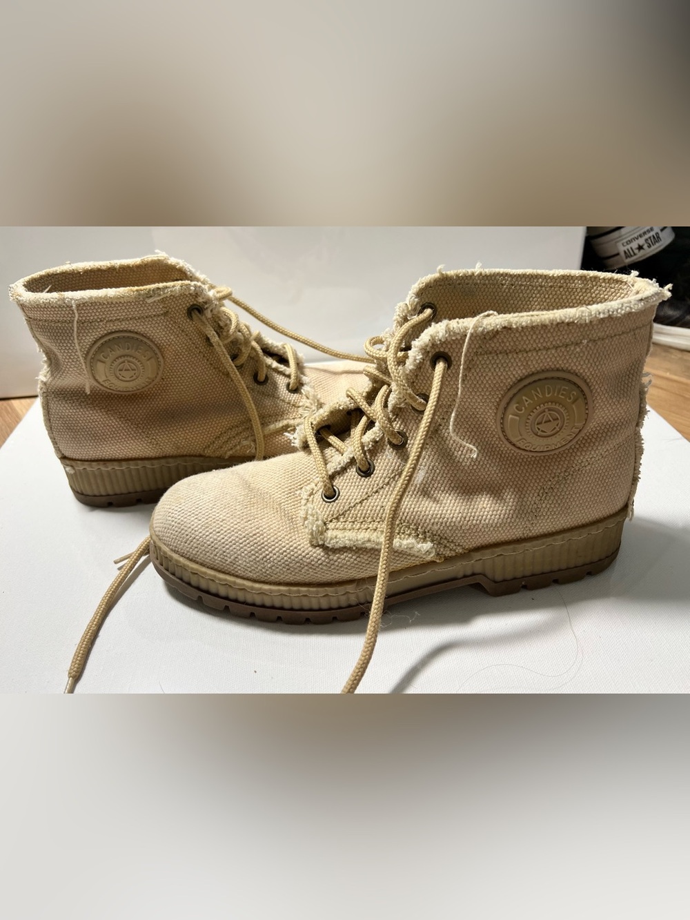 Candies Equipment Palladium style Women's Lace-Up Canvas Ankle Boots in Beige